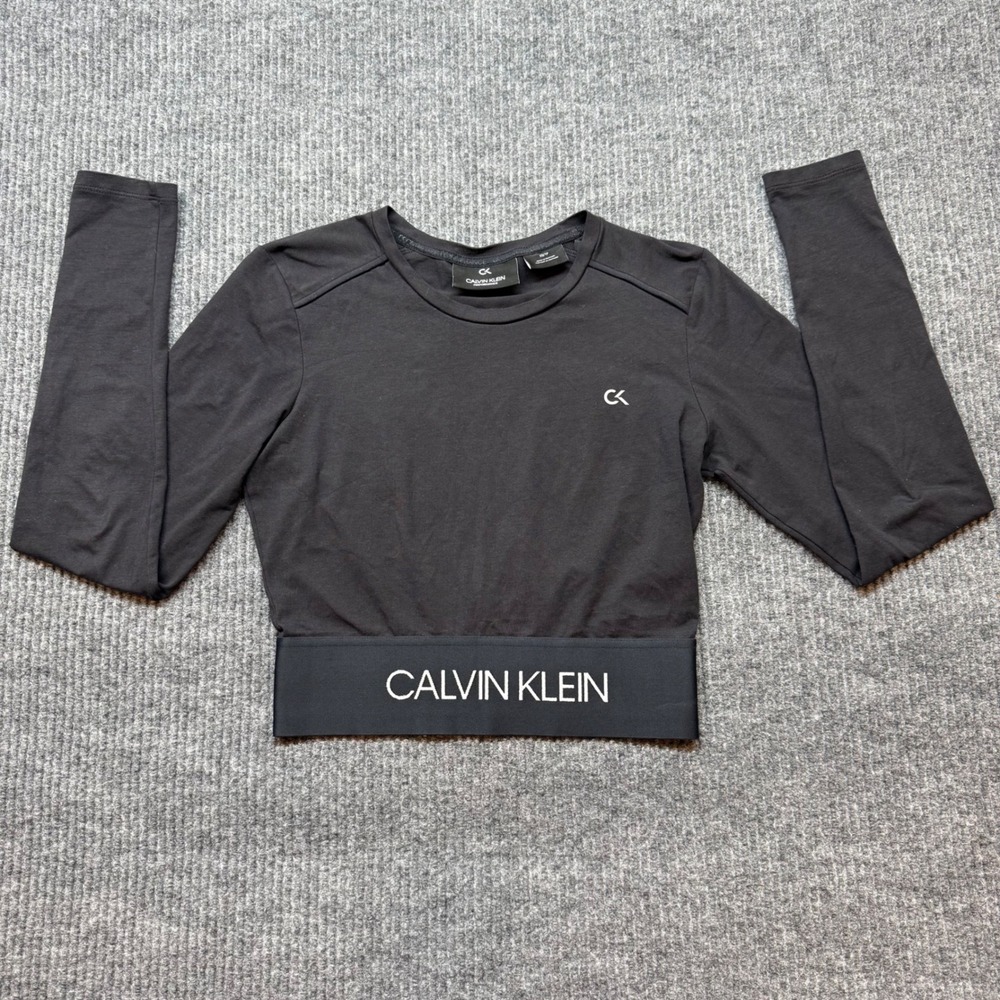 Calvin Klein Black Rib Crop Top Long‎ Sleeve XS Stretch Cotton Y2K Chic Athletic